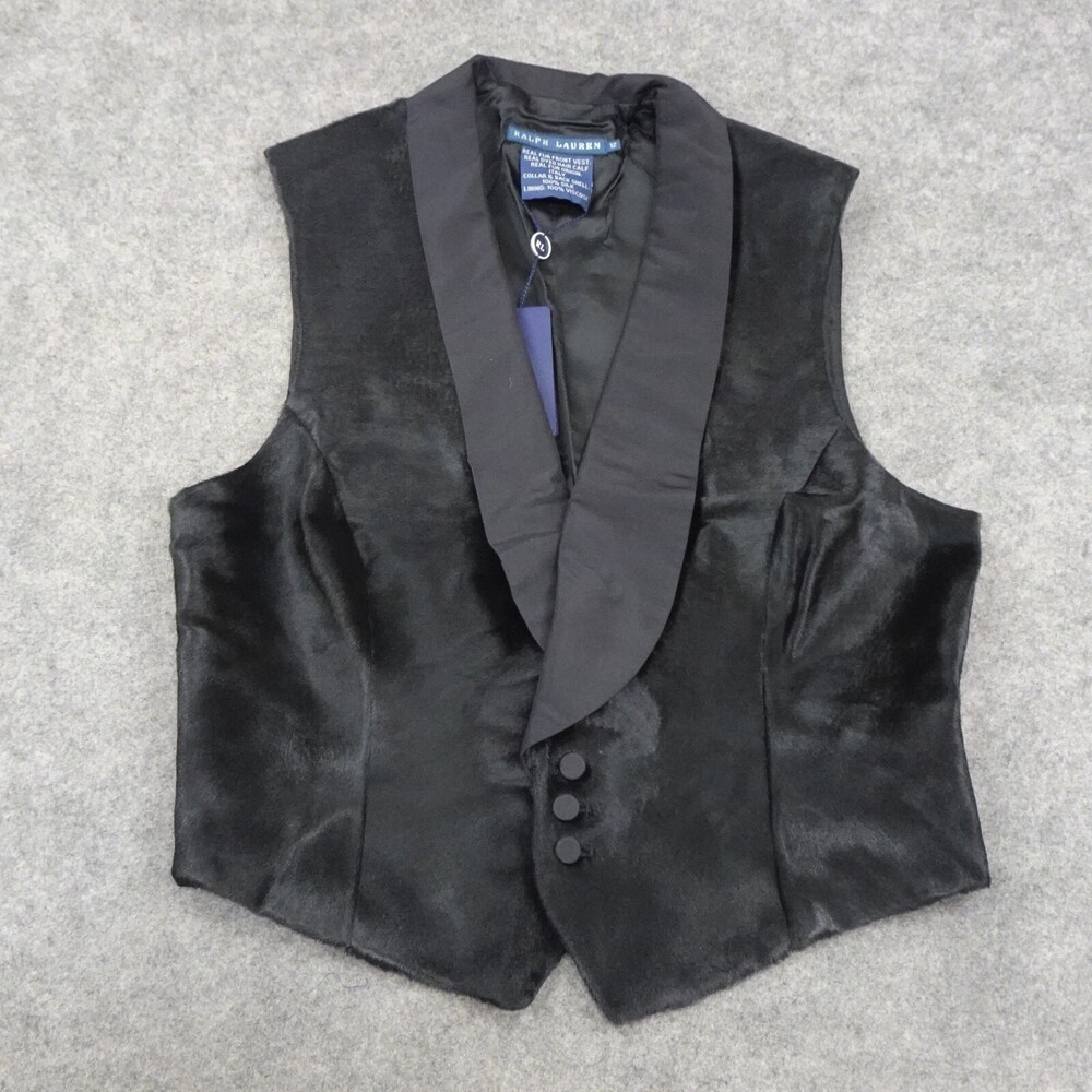 Ralph Lauren Vest Womens 12 Blue Label Black Silk Sleeveless Calf Hair Collar A